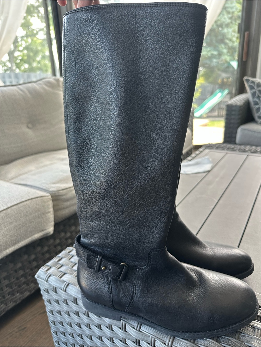 Vionic Tall Black Leather Riding Boots with Buckle Accent